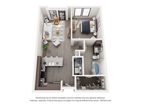 A 3D floor plan of a small apartment with a kitchen, living room, and bathroom.